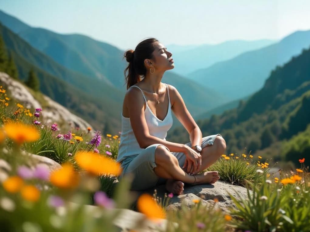 Eine Frau sitzt auf einem Berg in der Natur und atmet tief.